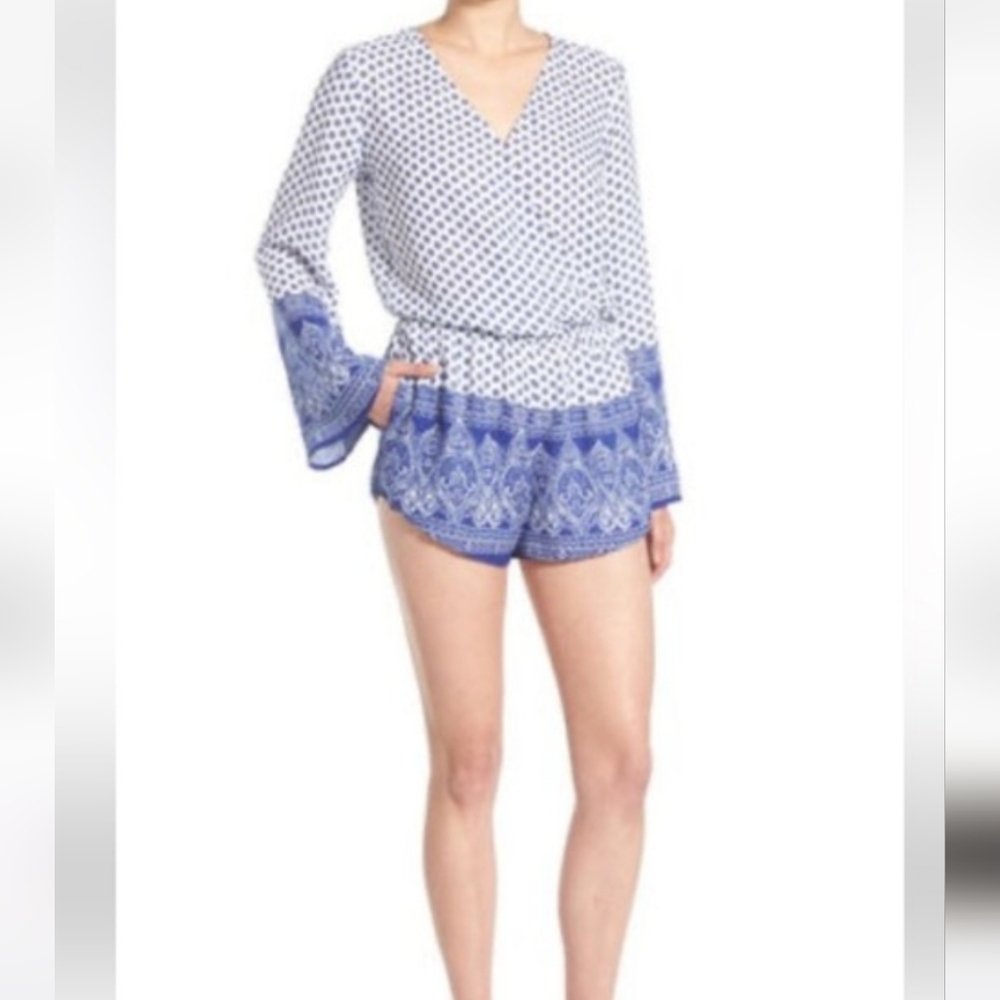 Mimi Chica Blue and White Patterned Wrap Romper